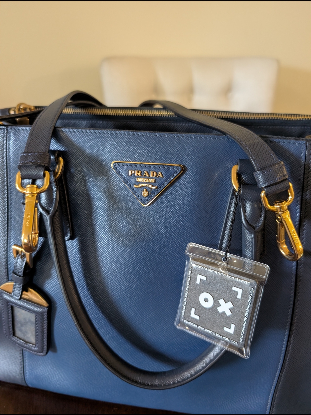 Prada Navy Saffiano Leather Tote with Gold Hardware - Picture 2 of 16